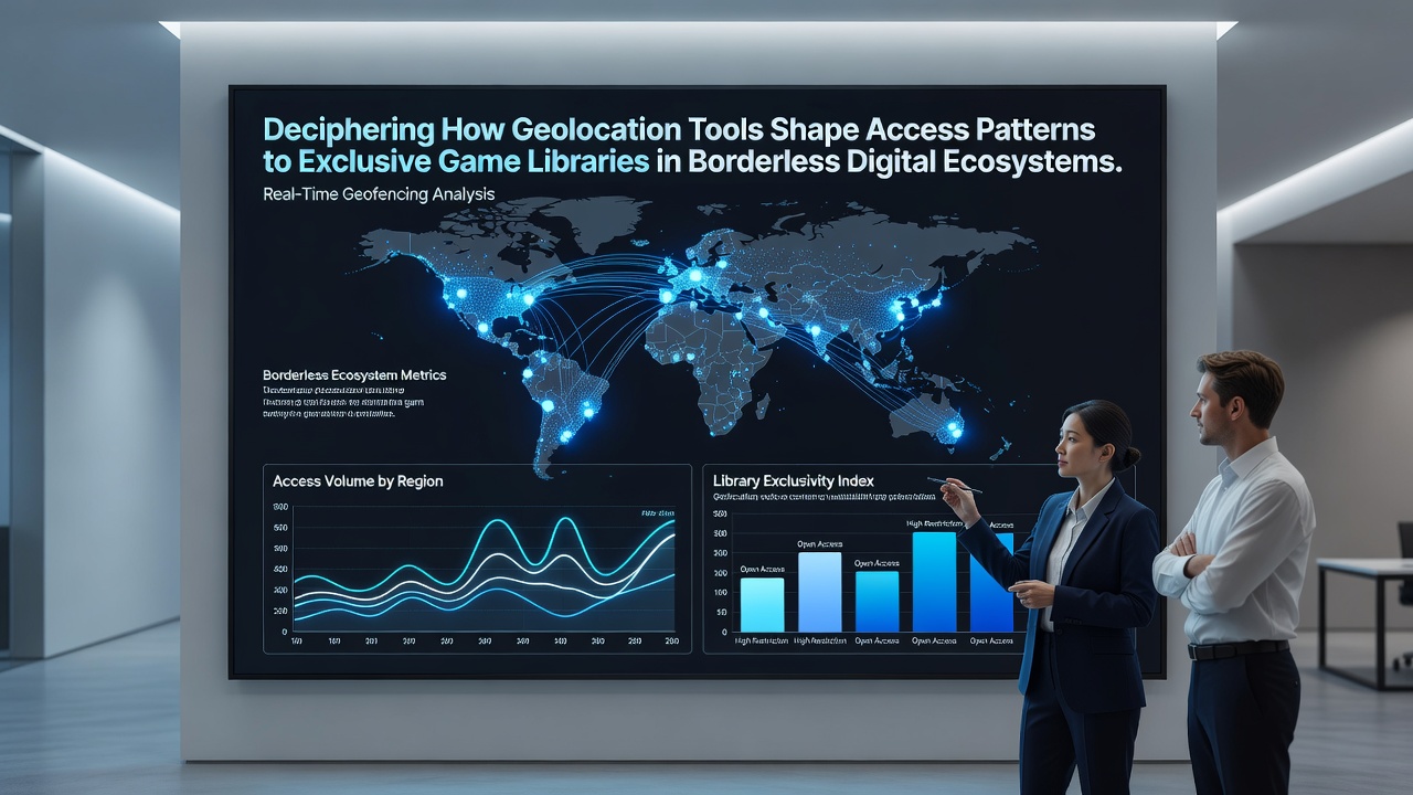 Network diagram showing geofenced game libraries and player routing pathways in international wagering systems