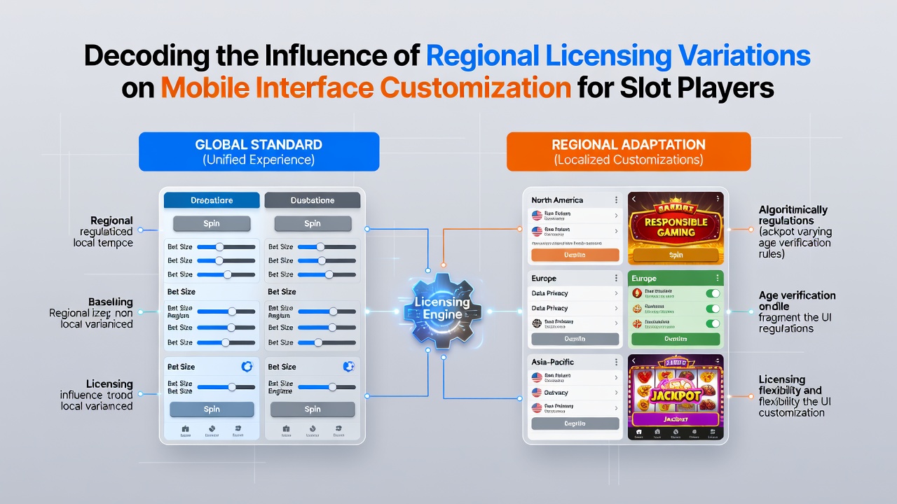 Mobile slot interface showing regional customization elements like button layouts and color themes adapted to licensing rules