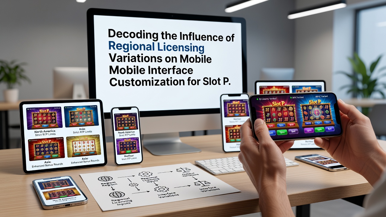 Comparison of slot game screens customized under different regional licenses showing varied control placements and information density