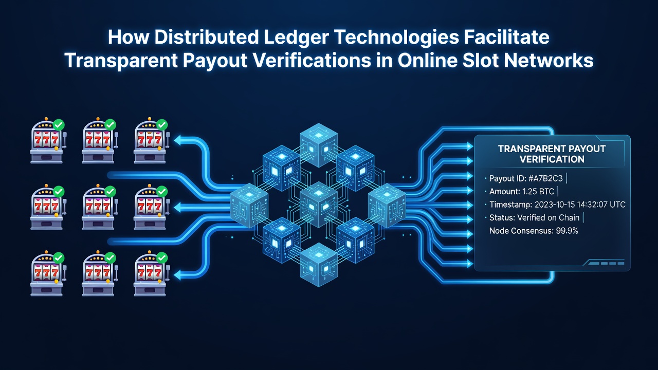 Network diagram illustrating smart contract execution and real-time payout verification between slot servers and distributed ledger nodes