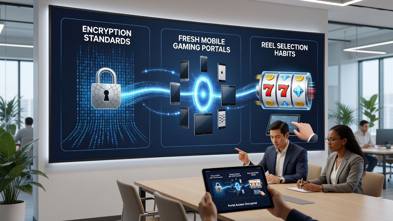 Close-up of a mobile casino app highlighting encryption status and reel game categories during user navigation