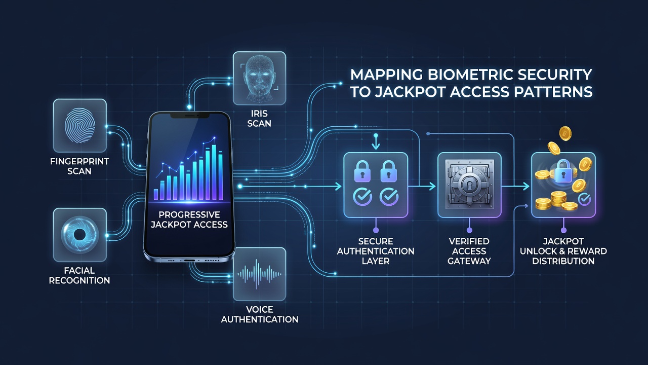 Network diagram illustrating connections between biometric verification nodes and progressive jackpot access pathways in mobile platforms